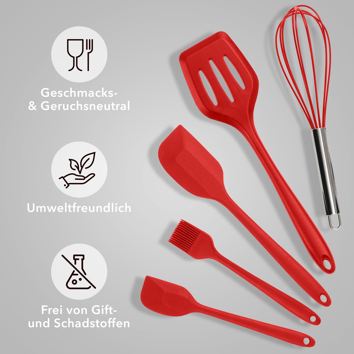 Kitchen helpers made of silicone and stainless steel cooking utensils red - set of 5