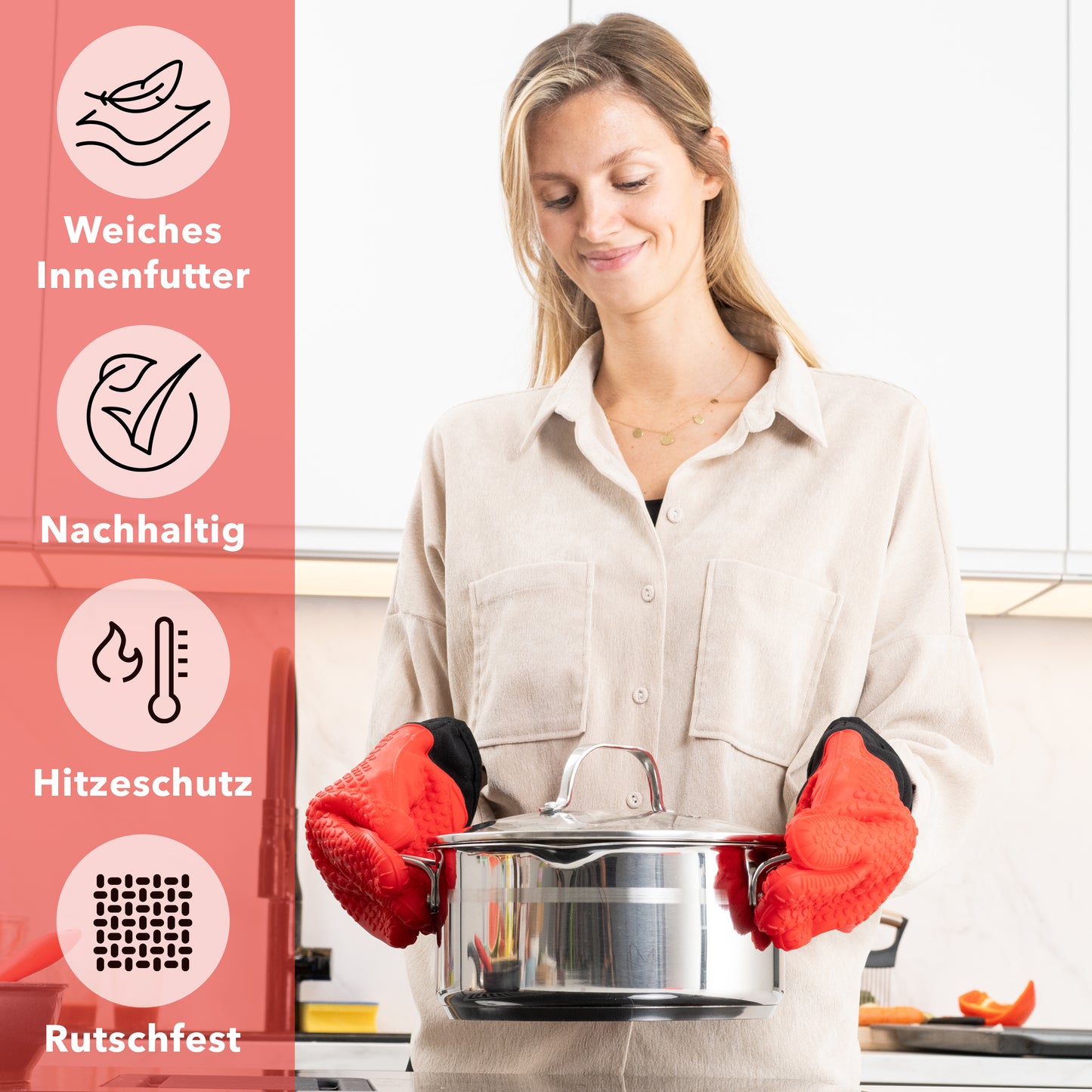 Silicone oven gloves with fingers - red