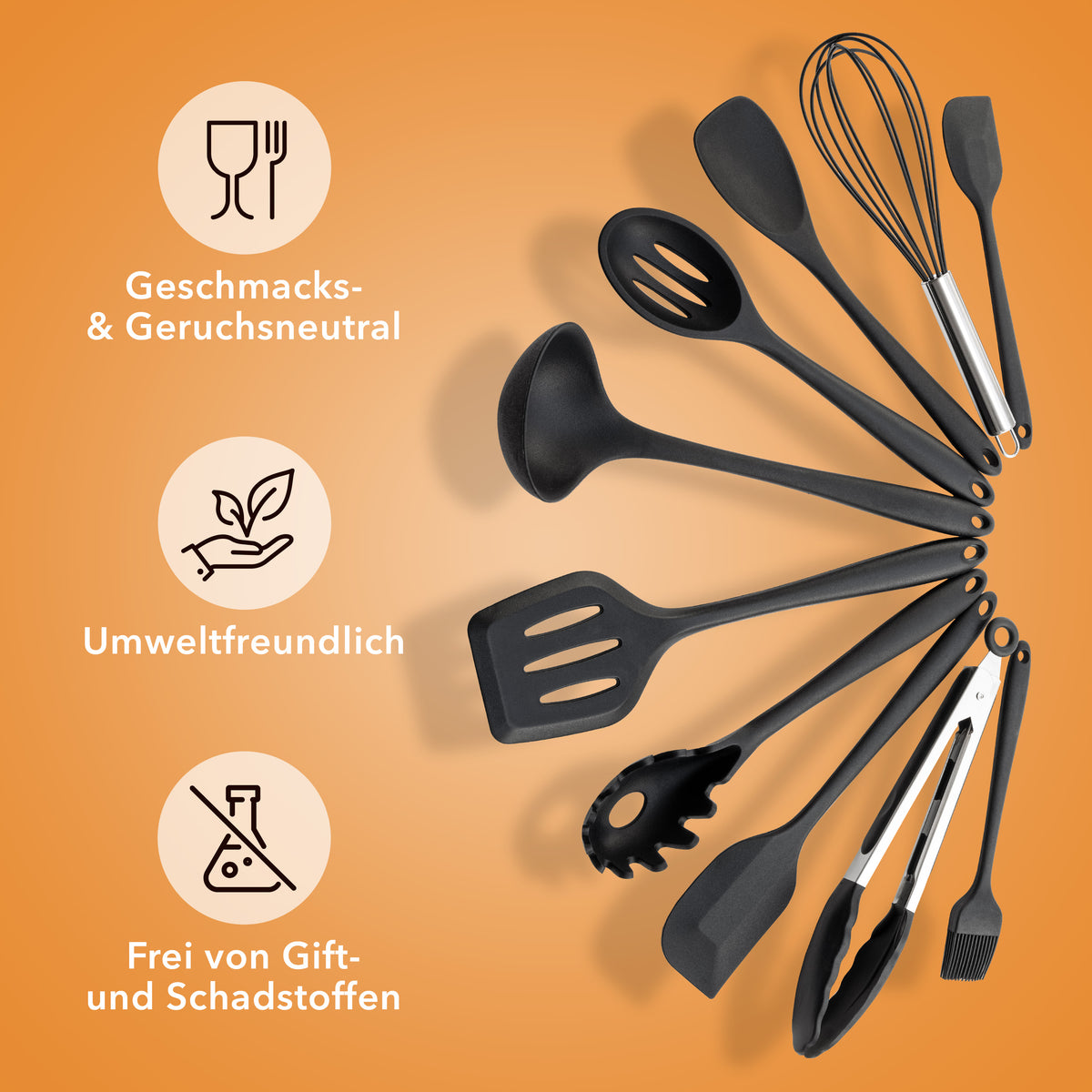 AVANA Küchenhelfer aus Silikon & Edelstahl Kochutensilien Schwarz- 10er Set