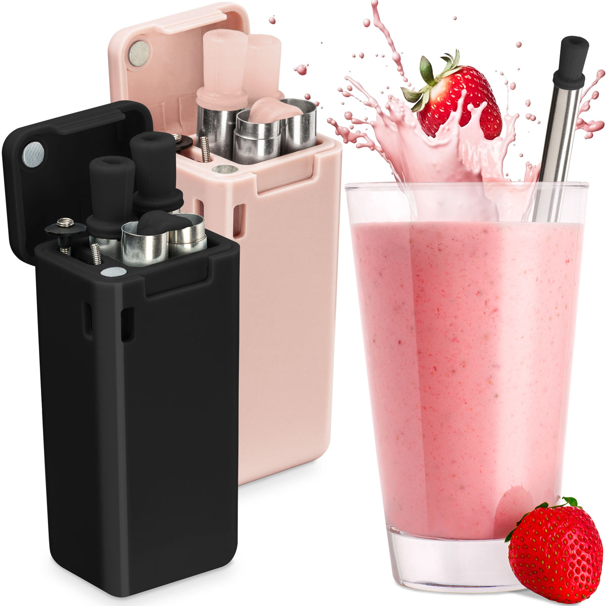 AVANA Wiederverwendbare Strohhalme aus Edelstahl & Silikon Trinkhalme Schwarz Rosa- 2er Set